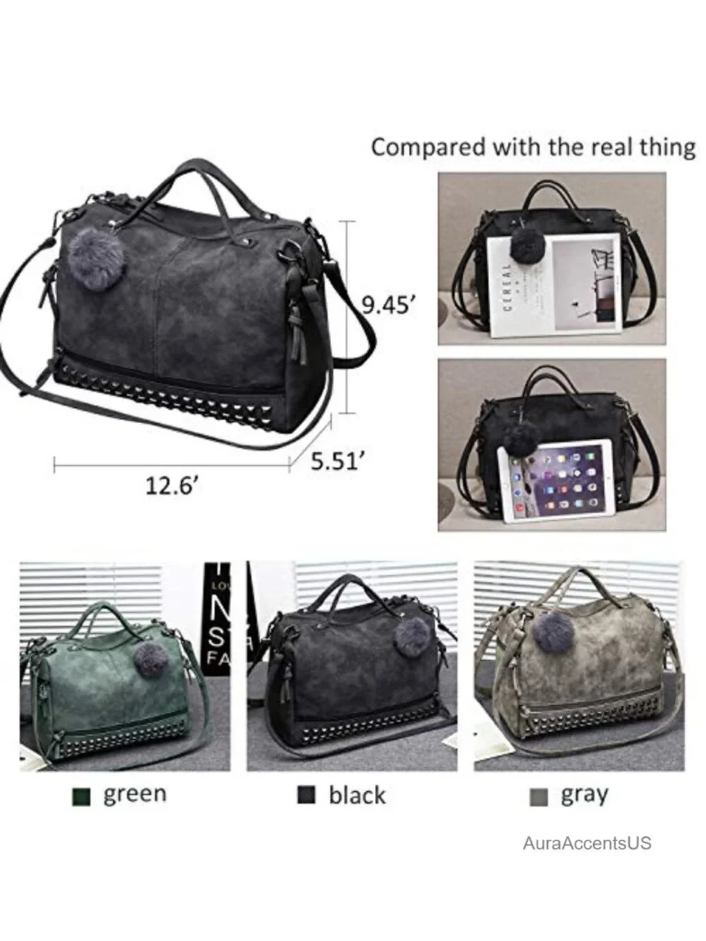 Studded Punk Faux Leather Hobo Tote Bag Women's 3-Way Top Handle Crossbody